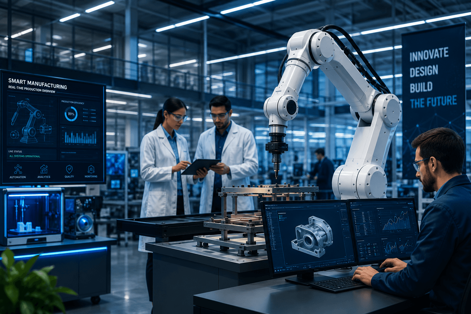Engineers working with robotics and digital manufacturing technology in a modern laboratory