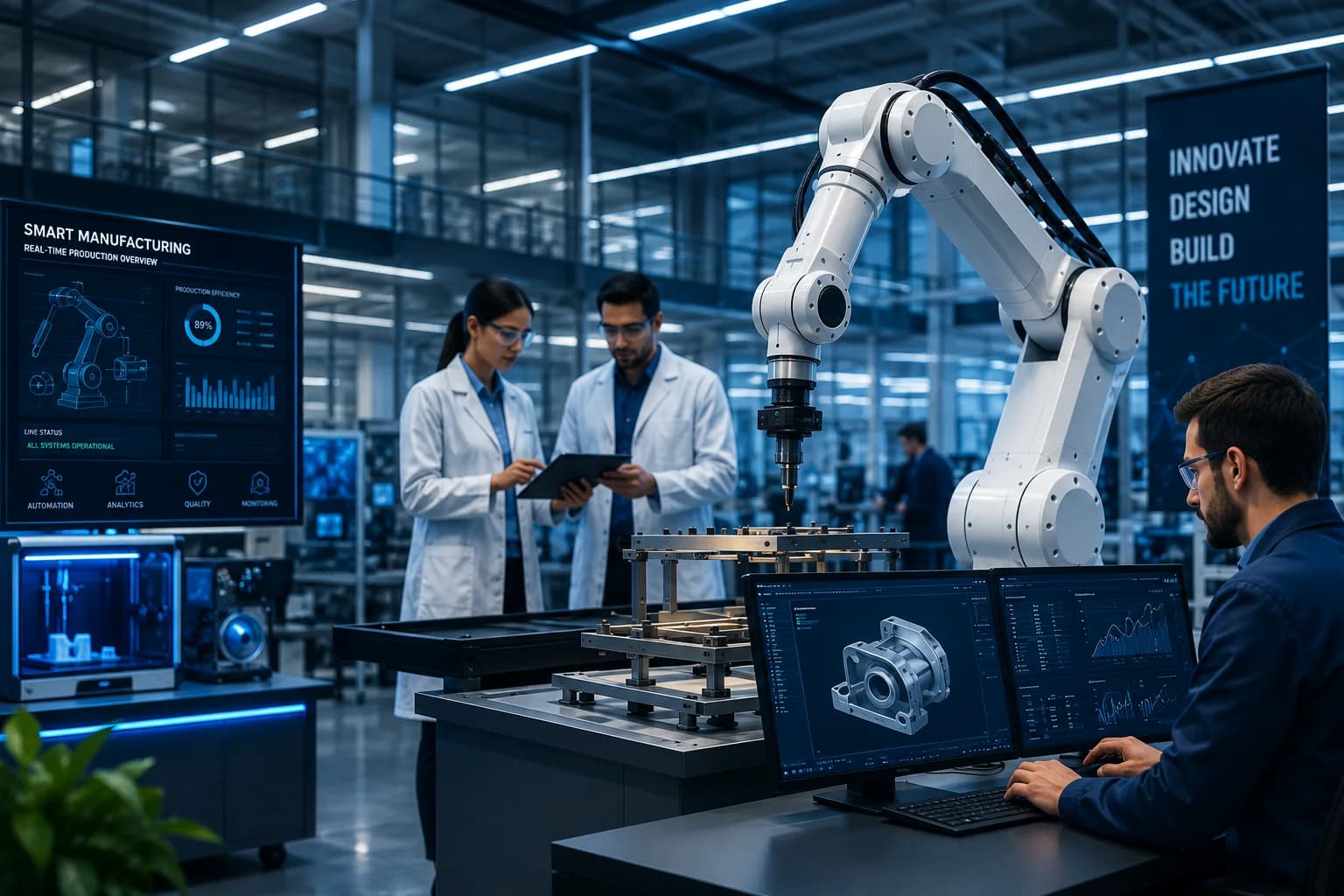 Advanced smart manufacturing laboratory with engineers, robotics, digital monitoring, and modern production technology