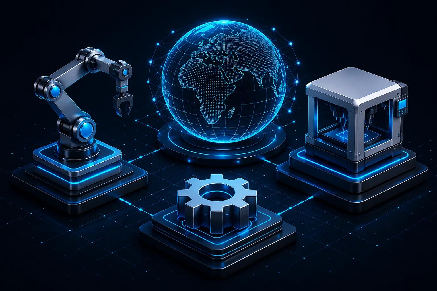 SDM digital manufacturing ecosystem connecting robotics, smart machines, global networks, and engineering